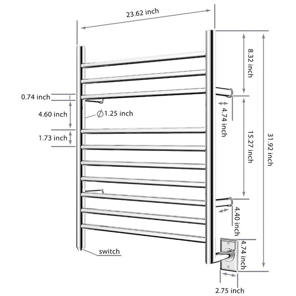 Towel Warmer 10 Bar Hardwired, 24"x31.5", Wall Mounted Mirror Polish