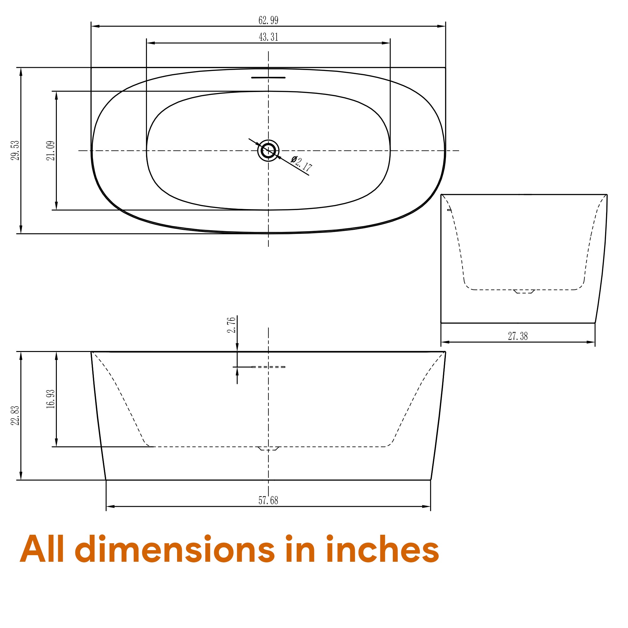 Freestanding Soaking Tub, 63" Acrylic, UPC Certified, Drain & Overflow Assembly Included