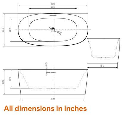 Freestanding Soaking Tub, 63" Acrylic, UPC Certified, Drain & Overflow Assembly Included