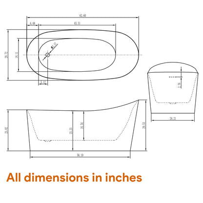 Freestanding Soaking Tub, 62" Acrylic, UPC Certified, Drain & Overflow Assembly Included