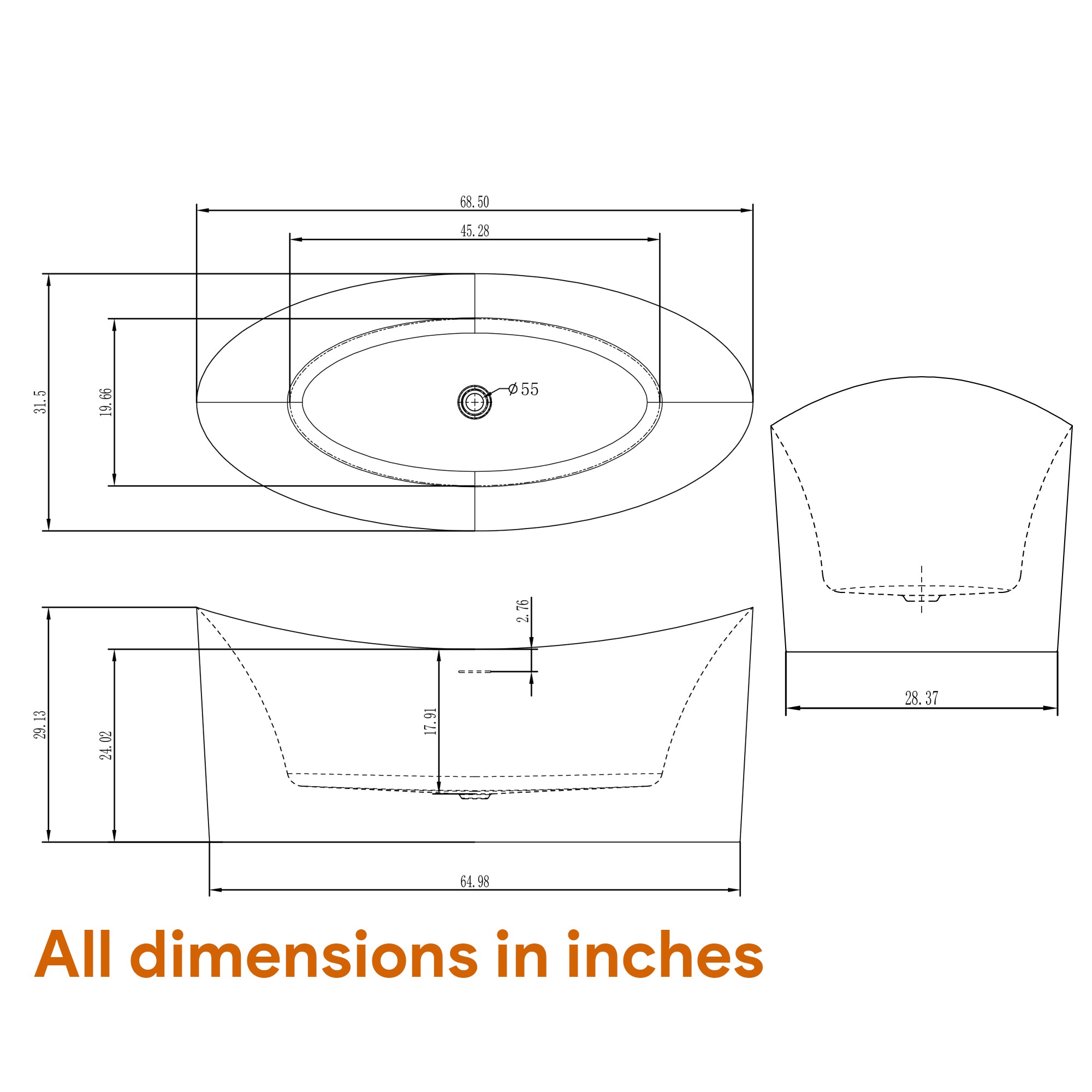 Freestanding Soaking Tub 68.5" Acrylic, UPC Certified, Drain & Overflow Assembly Included, Black