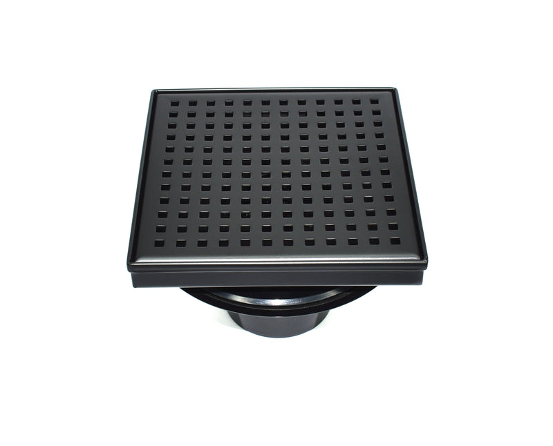 HEATGENE 4"/6" Square Stainless Steel Shower Floor Drain with Flat Cover and Removable Square Pattern Grate, Matte Black HB-FDN-MB