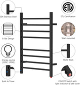8 Square Bar Towel Warmer with Built-in Timer and Temperature Control, Wall-Mounted, Plug-in/Hardwired - HG-R68033