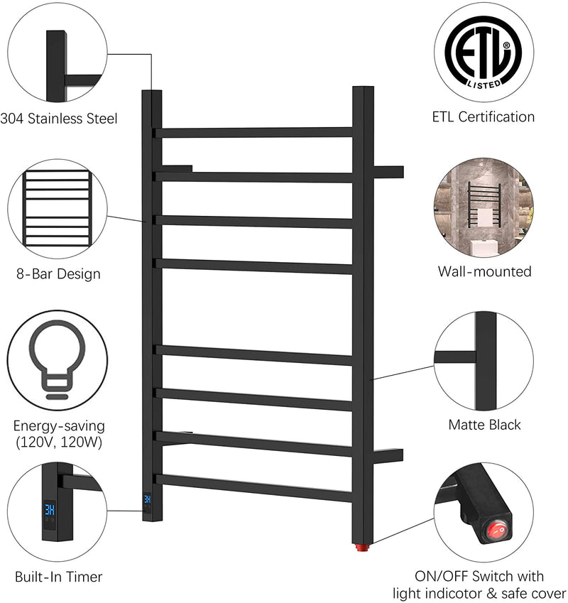 Wholesale 5pcs Heatgene 8 Square Bar Towel Warmer with Built-in Timer and Temperature Control, Wall-Mounted, Plug-in/Hardwired - HG-R68033