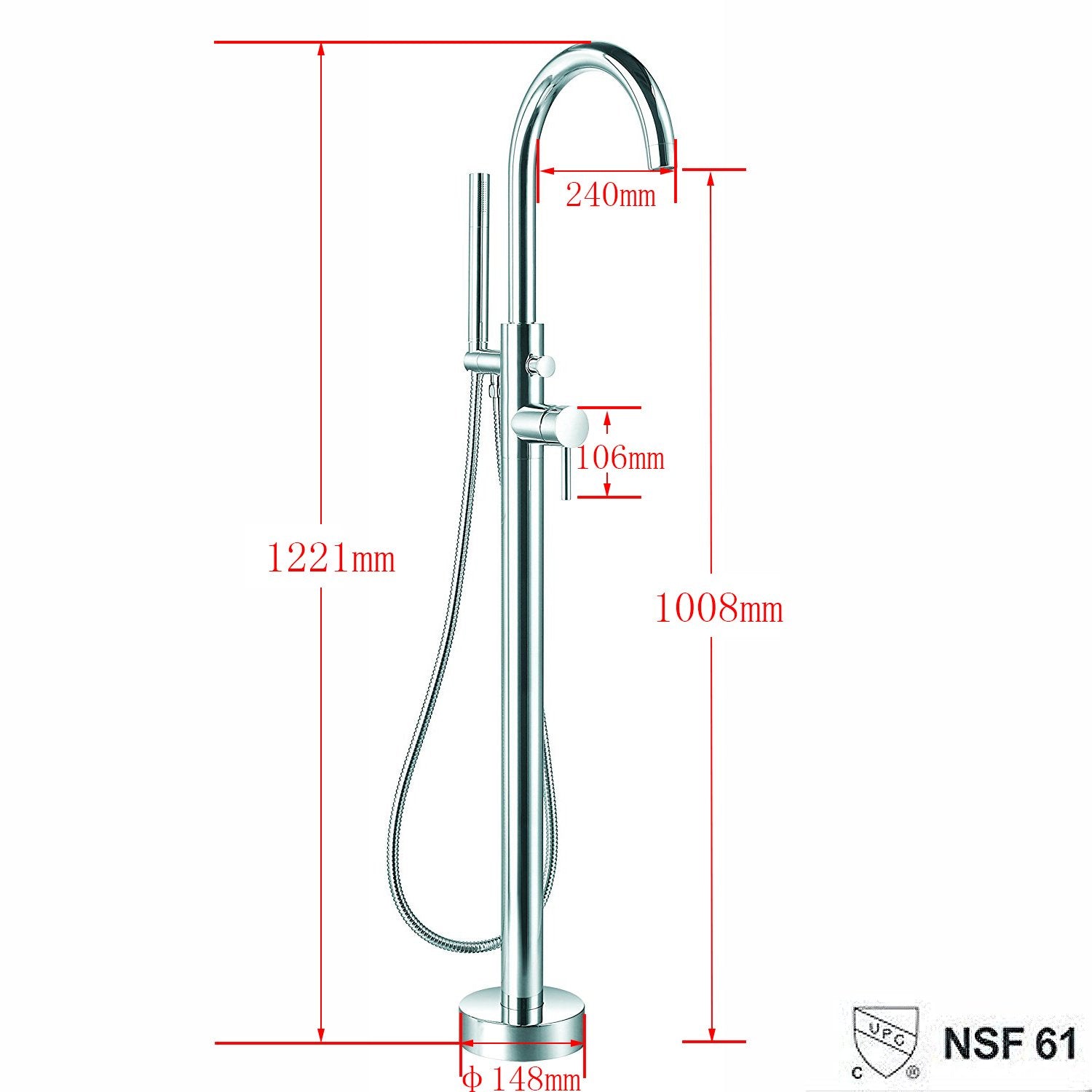 Bathtub Faucet Freestanding Floor Mounted Tub Filler Bath Mixer with Hand Shower