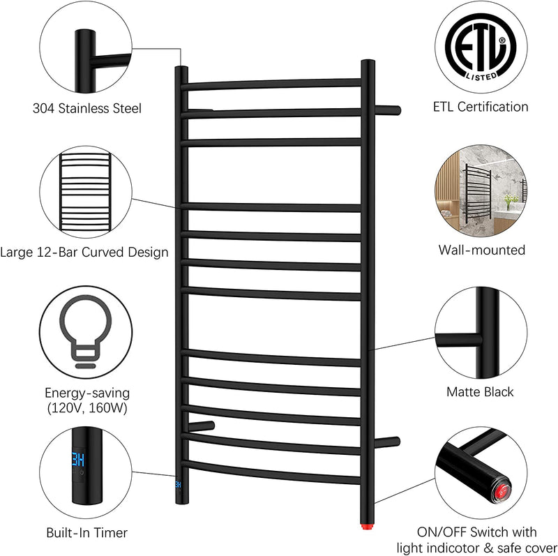 12 Curved Bar Towel Warmer with Built-in Timer and Temperature Control, Wall-Mounted, Electric Plug-in/Hardwired - HG-R64170