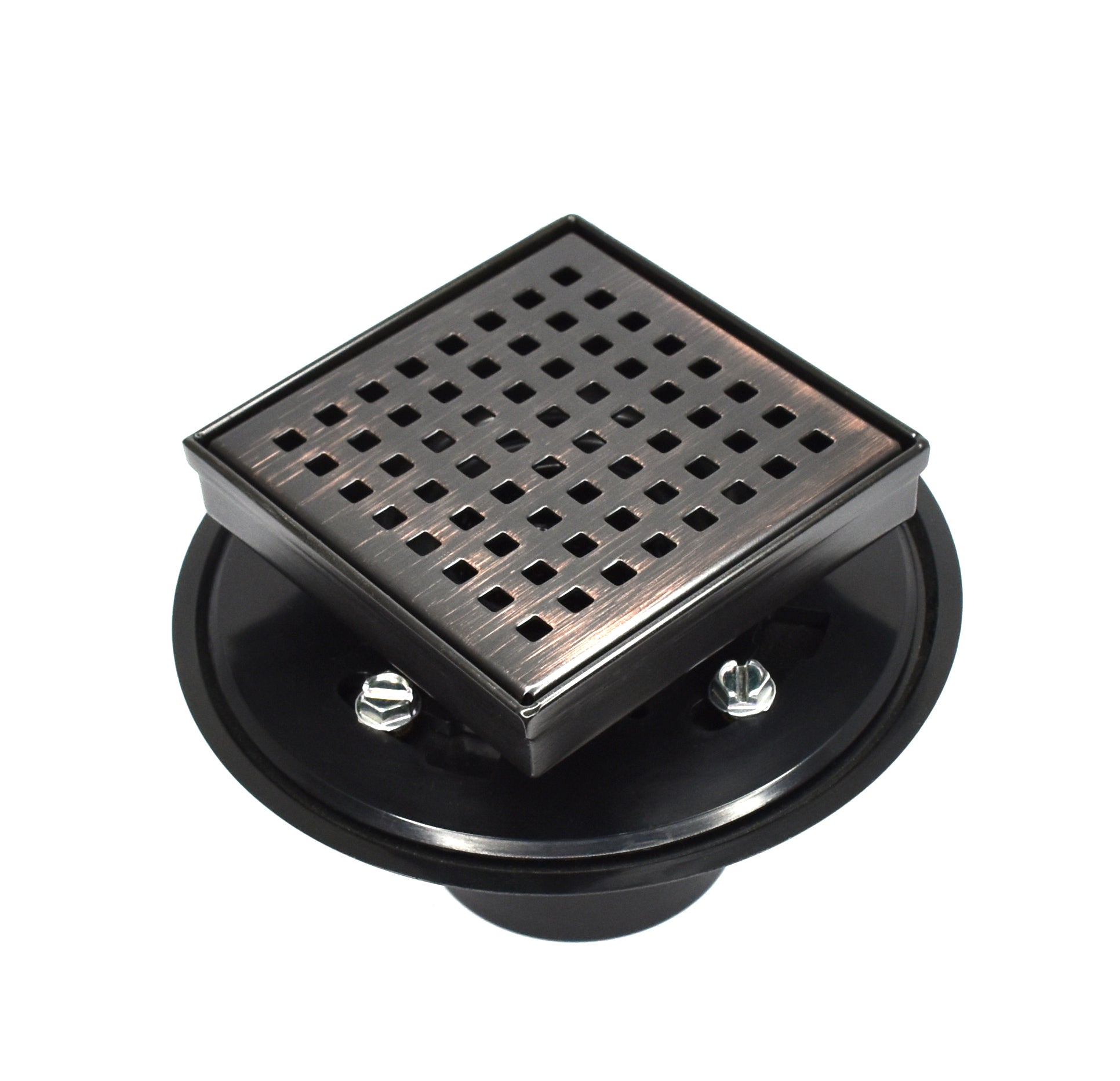 Square Floor Drain with Flat Cover and Removable Square Pattern Grate, Stainless Steel with Drain Base Flange 4"/6"