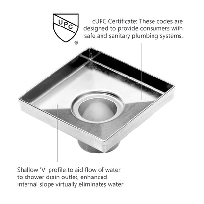 Square Floor Drain with Removable Quadrato Pattern Grate, Stainless Steel 4"/6"