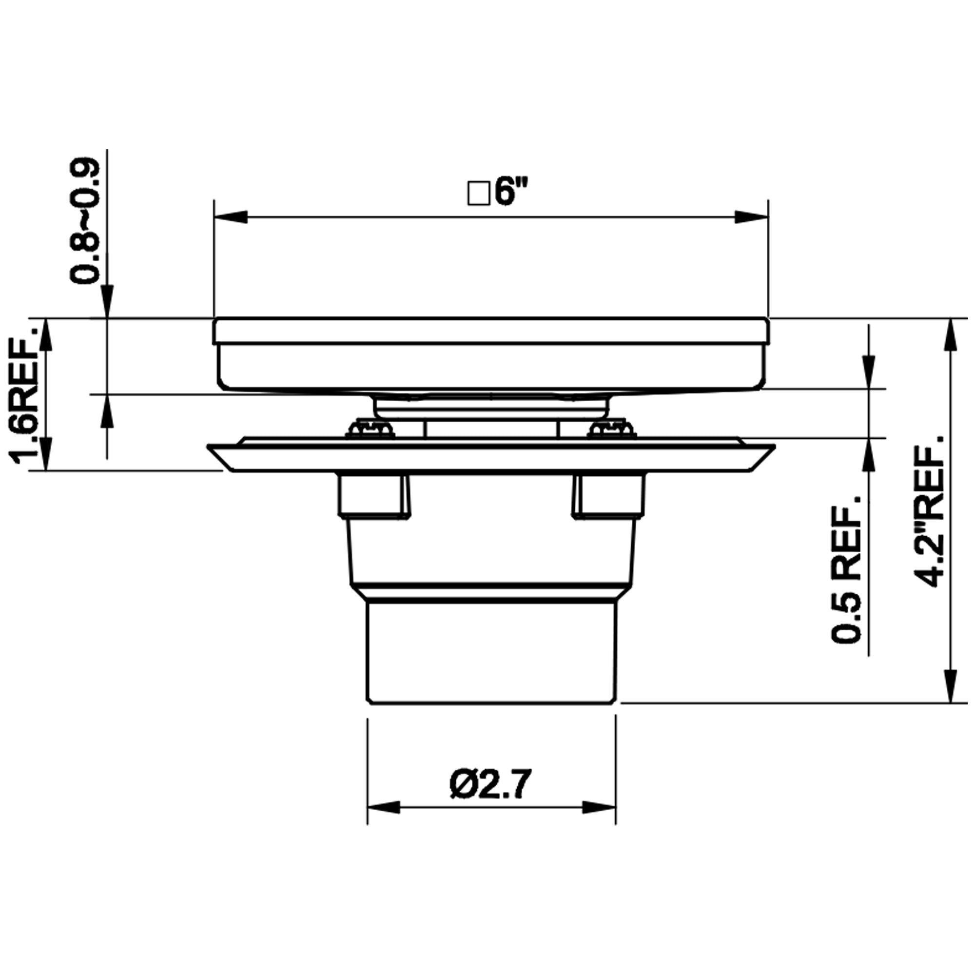 Square Floor Drain with Flat Cover and Removable Grate, Stainless Steel with Drain Base Flange4"/6"