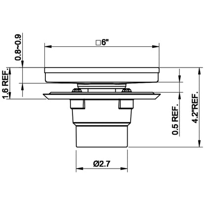 Square Floor Drain with Flat Cover and Removable Square Pattern Grate, Stainless Steel with Drain Base Flange 4"/6"