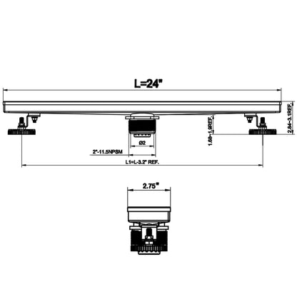 Linear Floor Drain with Removable Quadrato Pattern Grate, Stainless Steel, 24"/36"/48"