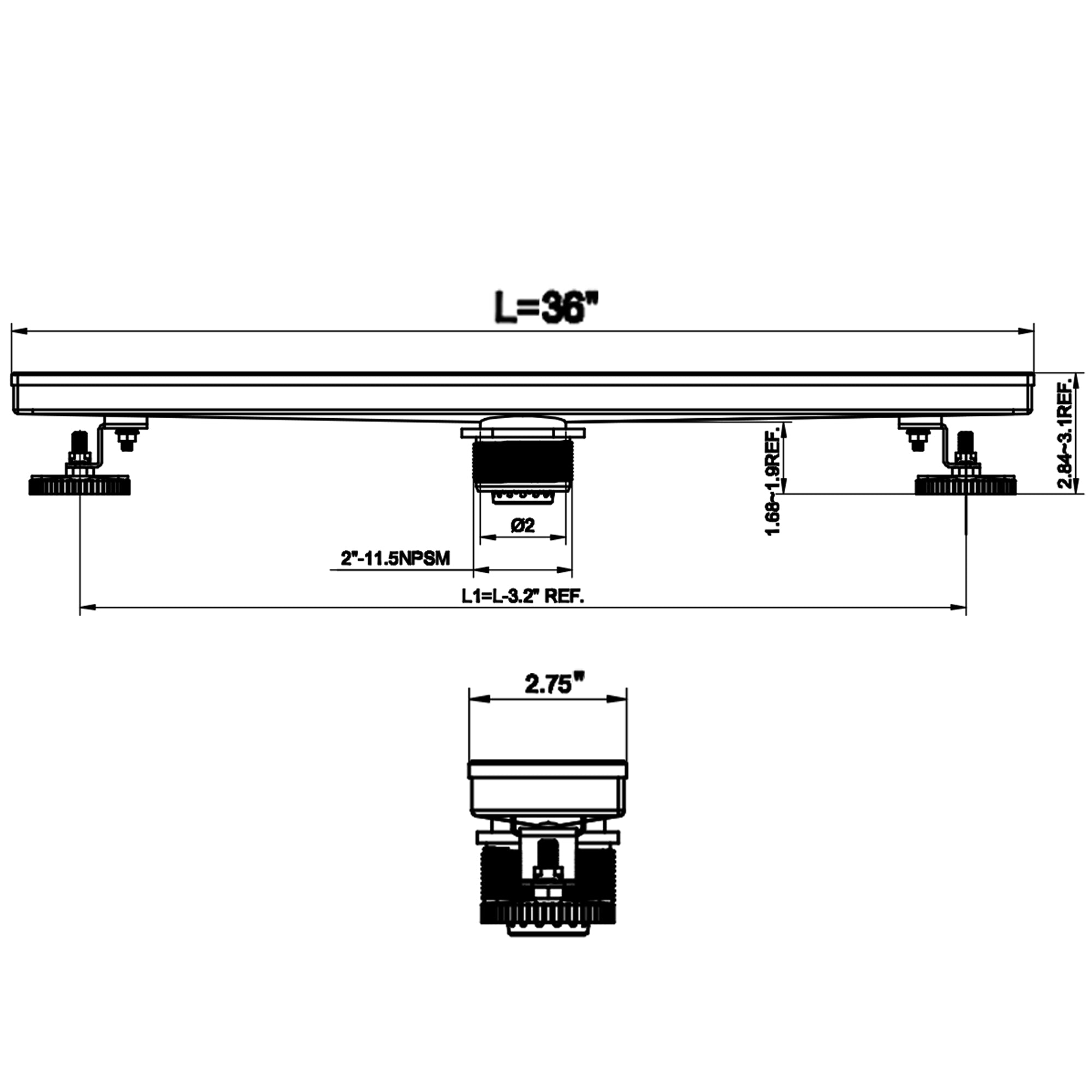 Linear Floor Drain with Removable Quadrato Pattern Grate, Stainless Steel, 24"/36"/48"