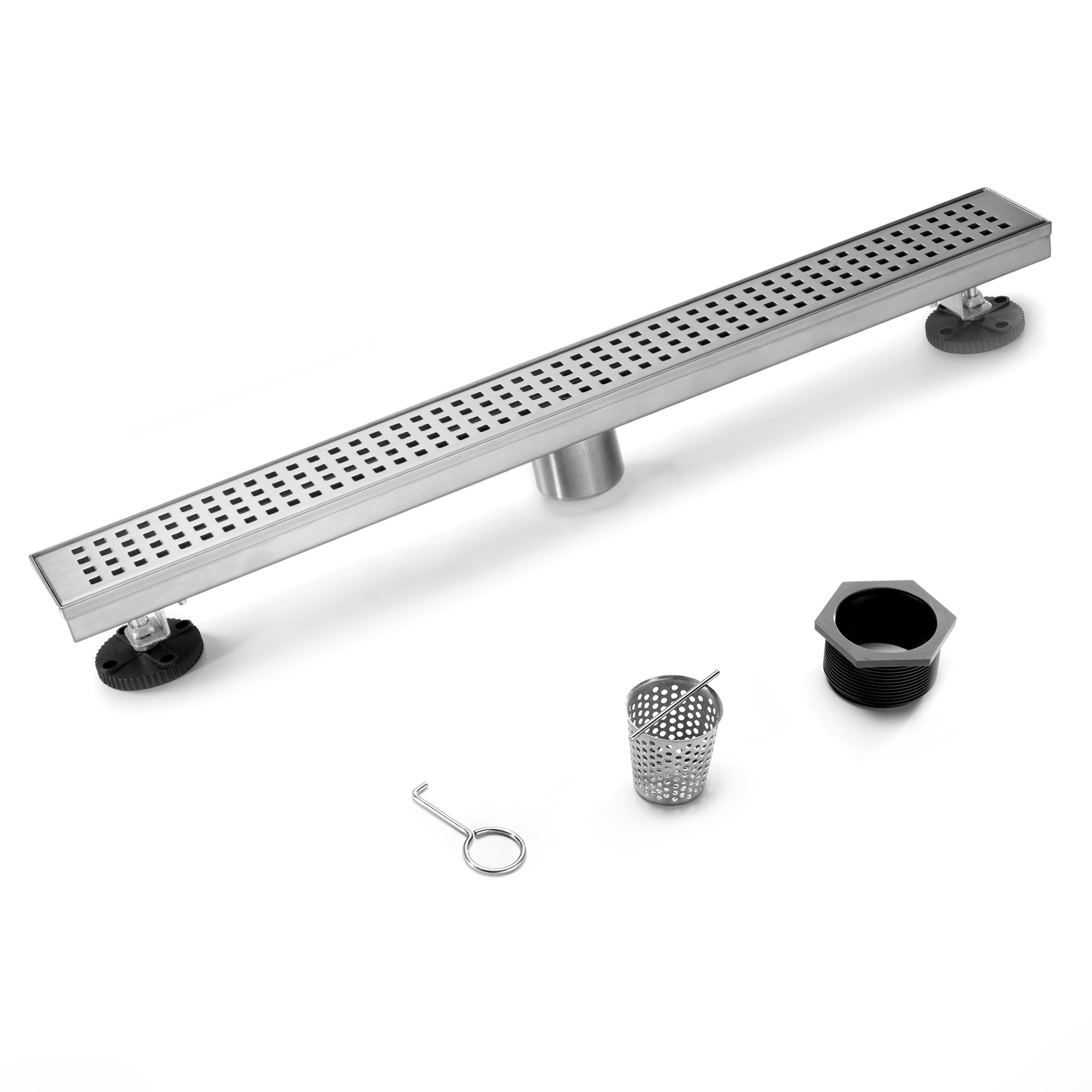 Linear Floor Drain with Removable Quadrato Pattern Grate, Stainless Steel, 24"/36"/48"