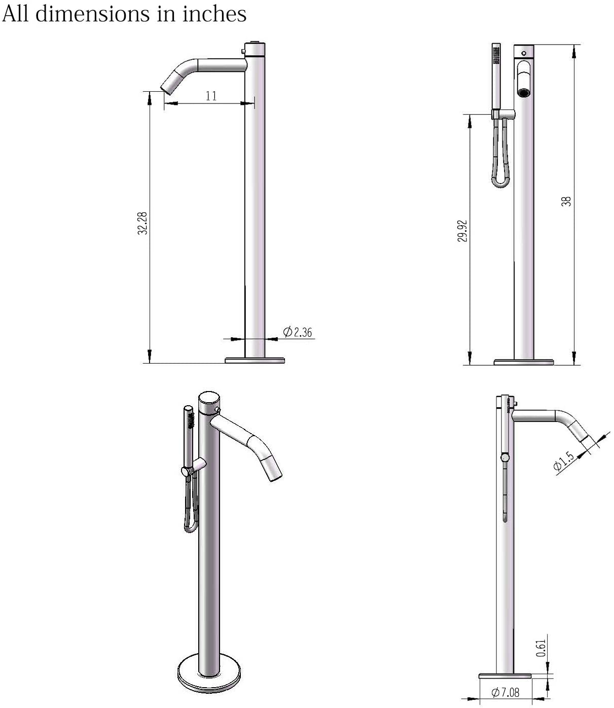 Bathtub Filler Floor Mounted Freestanding with Handheld Shower, Brushed