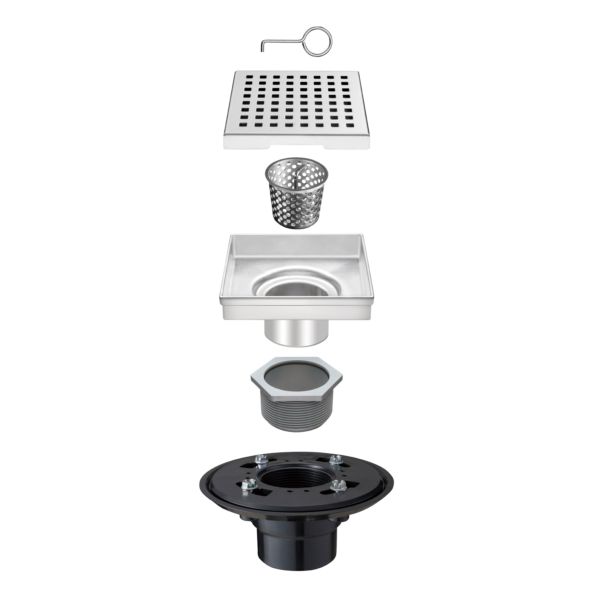 Square Floor Drain with Flat Cover and Removable Square Pattern Grate, Stainless Steel with Drain Base Flange 4"/6"