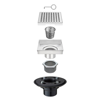 Square Floor Drain with Flat Cover and Removable Square Pattern Grate, Stainless Steel with Drain Base Flange 4"/6"