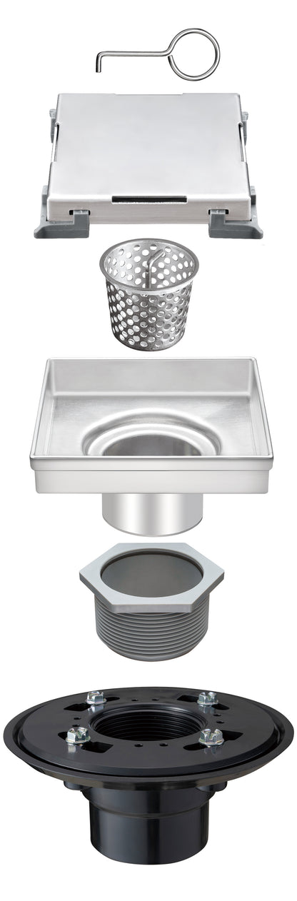 Square Floor Drain with Flat Cover and Removable Grate, Stainless Steel with Drain Base Flange4"/6"