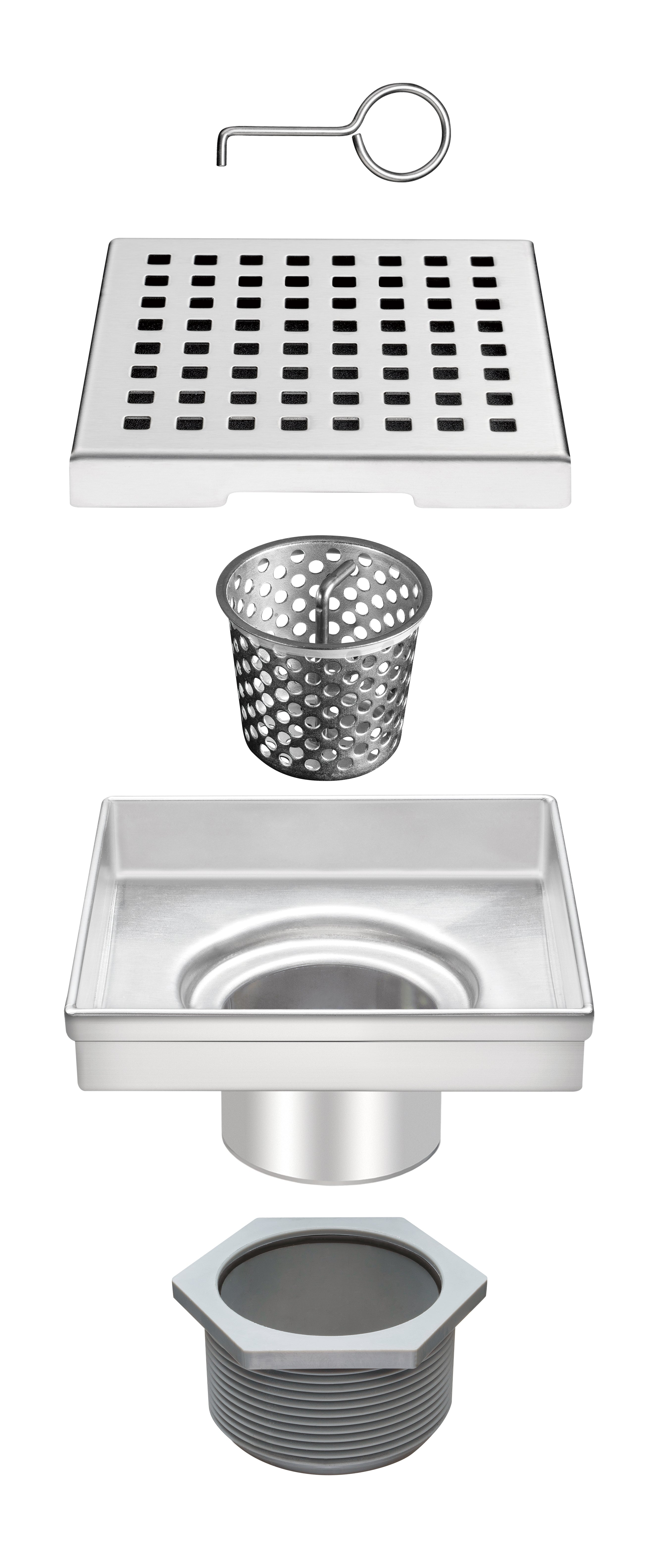 Square Floor Drain with Removable Quadrato Pattern Grate, Stainless Steel 4"/6"