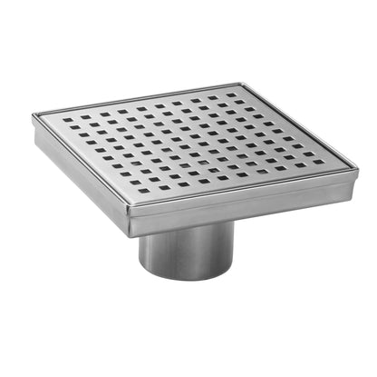 Square Floor Drain with Removable Quadrato Pattern Grate, Stainless Steel 4"/6"